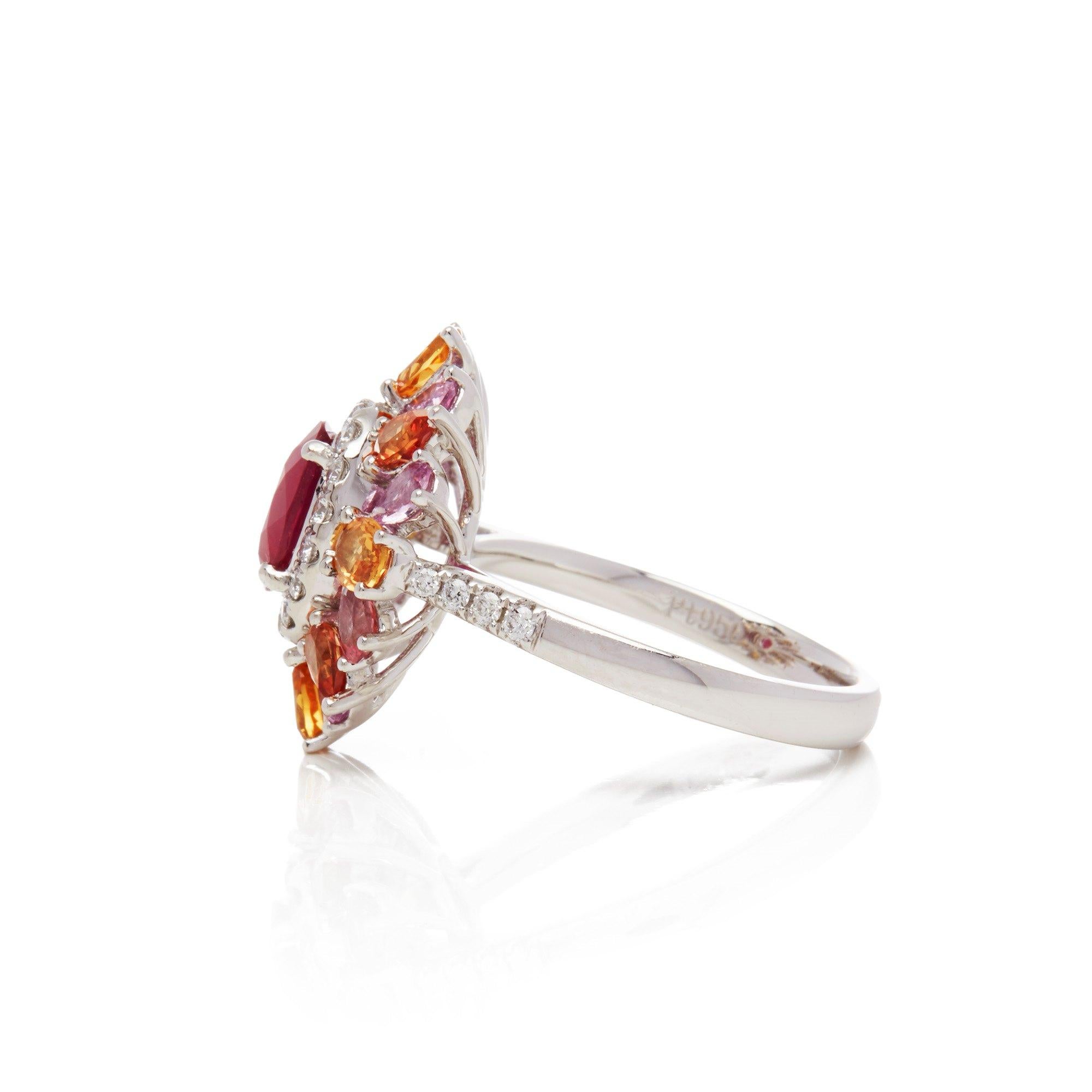 Contemporary Platinum Ruby , Diamond and Mixed Sapphire Cluster Ring For Sale