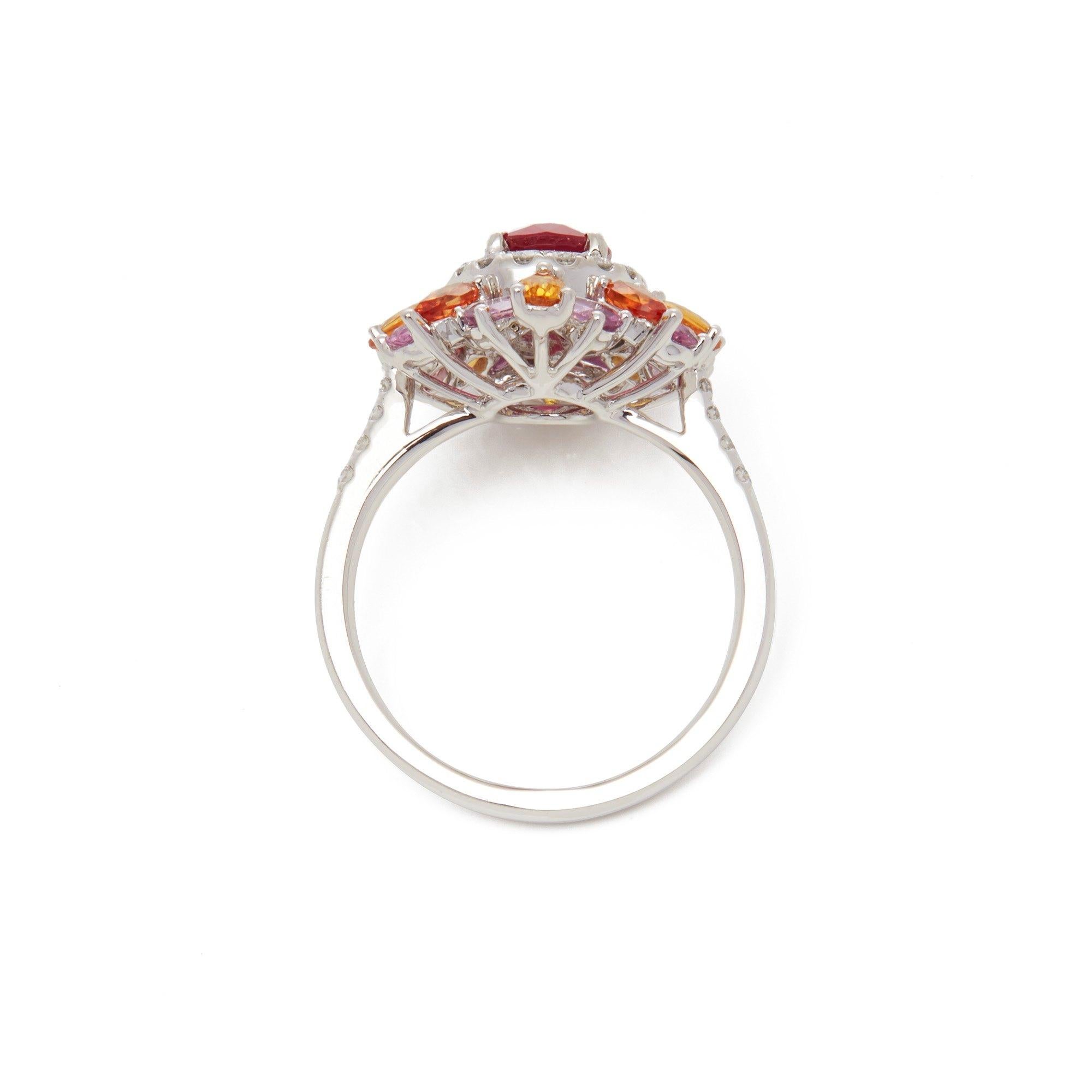 Oval Cut Platinum Ruby , Diamond and Mixed Sapphire Cluster Ring For Sale