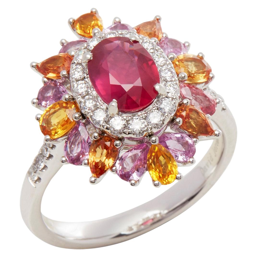Platinum Ruby , Diamond and Mixed Sapphire Cluster Ring For Sale