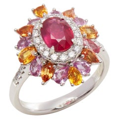 Platinum Ruby , Diamond and Mixed Sapphire Cluster Ring
