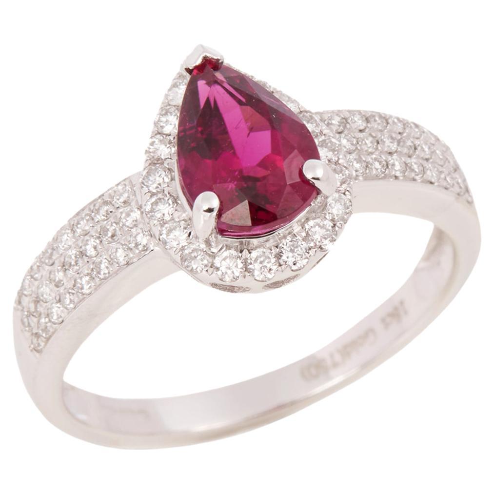 David Jerome Certified 1.23ct Pear Cut Rubellite and Diamond Ring For Sale