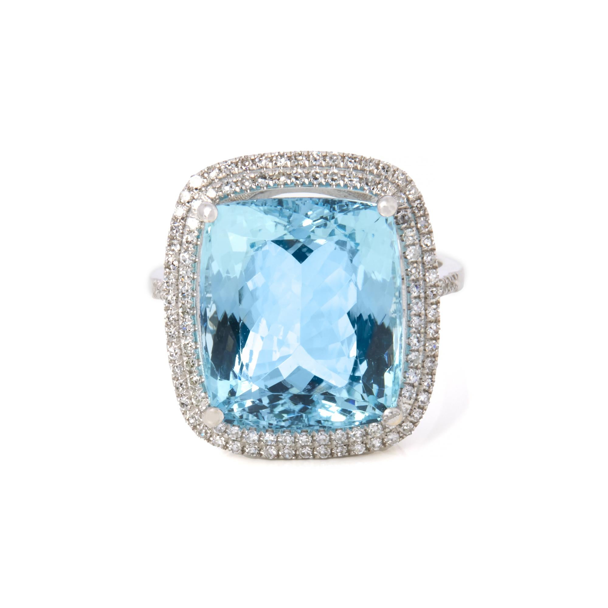 This ring is from the private collection of gemstone jewellery individually designed by David Jerome. It features a cushion cut aquamarine set with diamonds. Accompanied by an IGR gem certificate. UK ring size N. EU ring size 54. US ring size 7. 