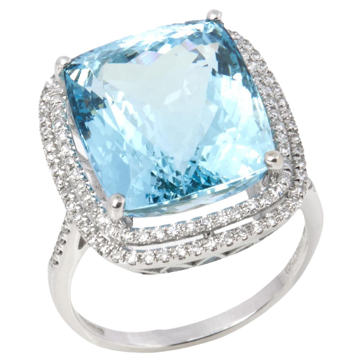 David Jerome Certified 12.56ct Cushion Cut Aquamarine and Diamond Ring For Sale