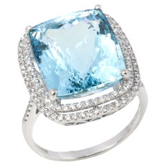 David Jerome Certified 12.56ct Cushion Cut Aquamarine and Diamond Ring