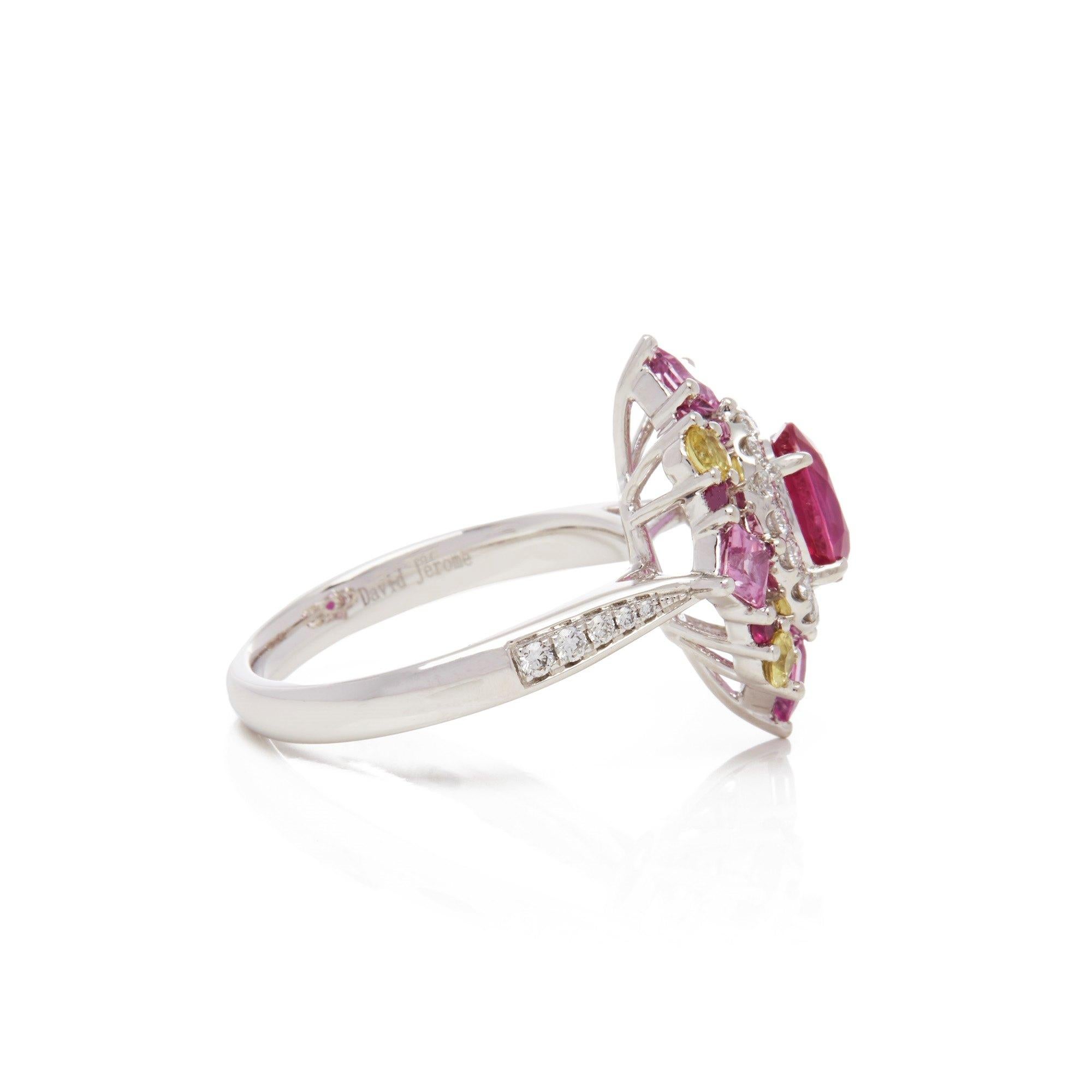 Contemporary Platinum Ruby, Diamond and Mixed Sapphire Cluster Ring For Sale