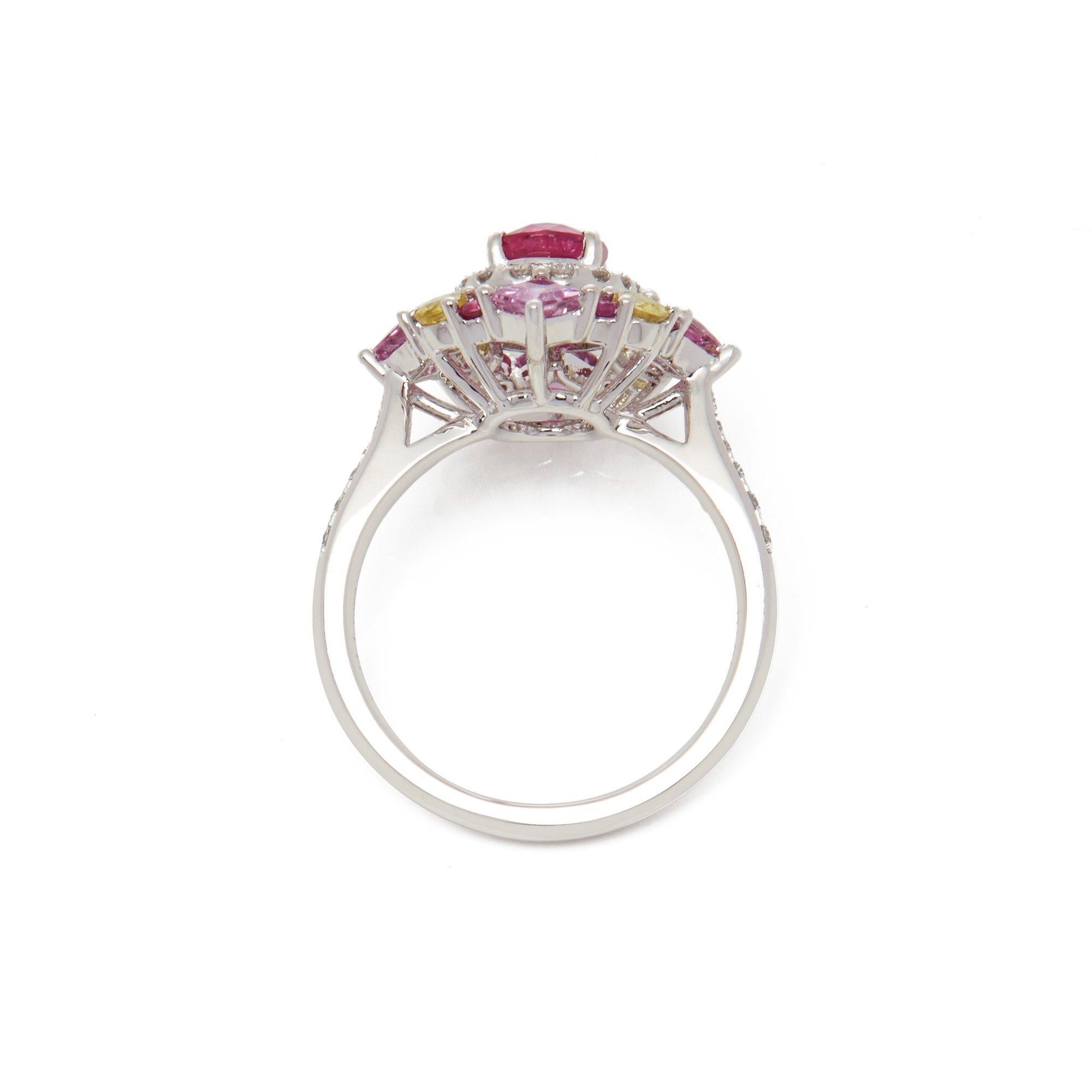 Platinum Ruby, Diamond and Mixed Sapphire Cluster Ring In New Condition For Sale In Bishop's Stortford, Hertfordshire