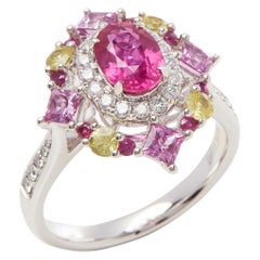 Platinum Ruby, Diamond and Mixed Sapphire Cluster Ring