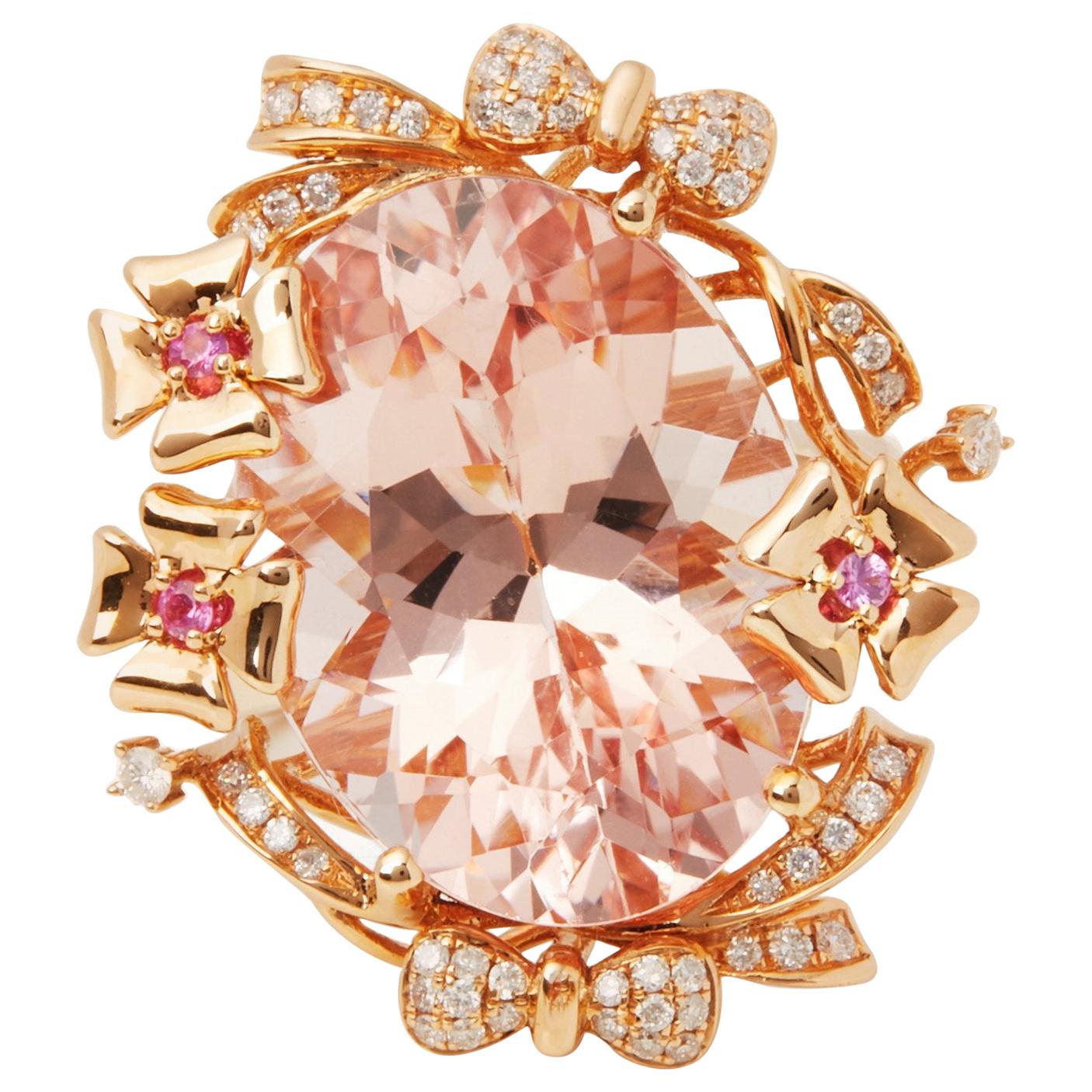 18ct Rose Gold Morganite, Diamond and Pink Sapphire Cluster Ring For Sale