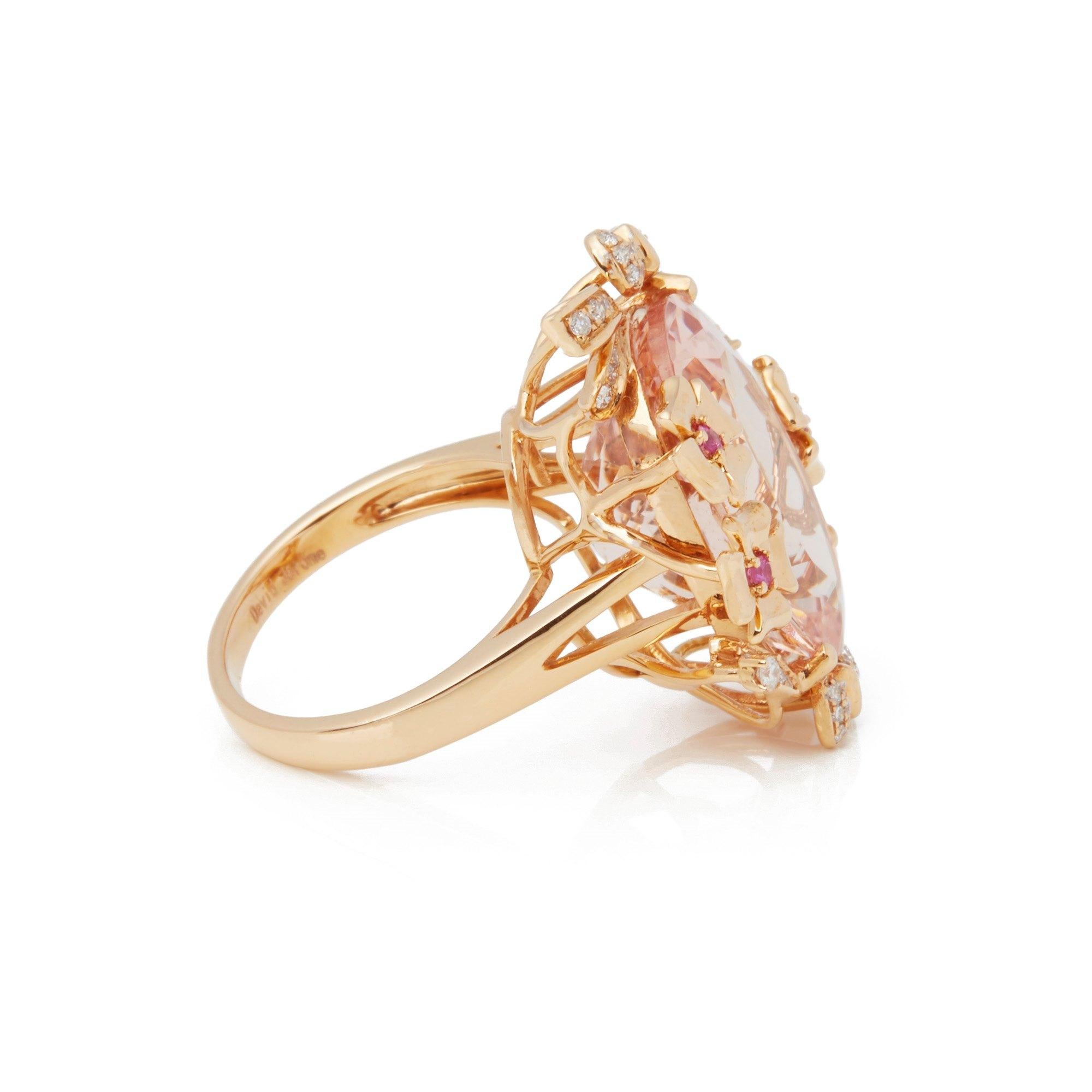 This ring designed by David Jerome is from his private collection and features one oval cut Morganite sourced in Brazil. Totalling 15.93cts set with round brilliant cut Diamonds and pink Sapphires totalling 0.40cts. Mounted in an 18k rose gold
