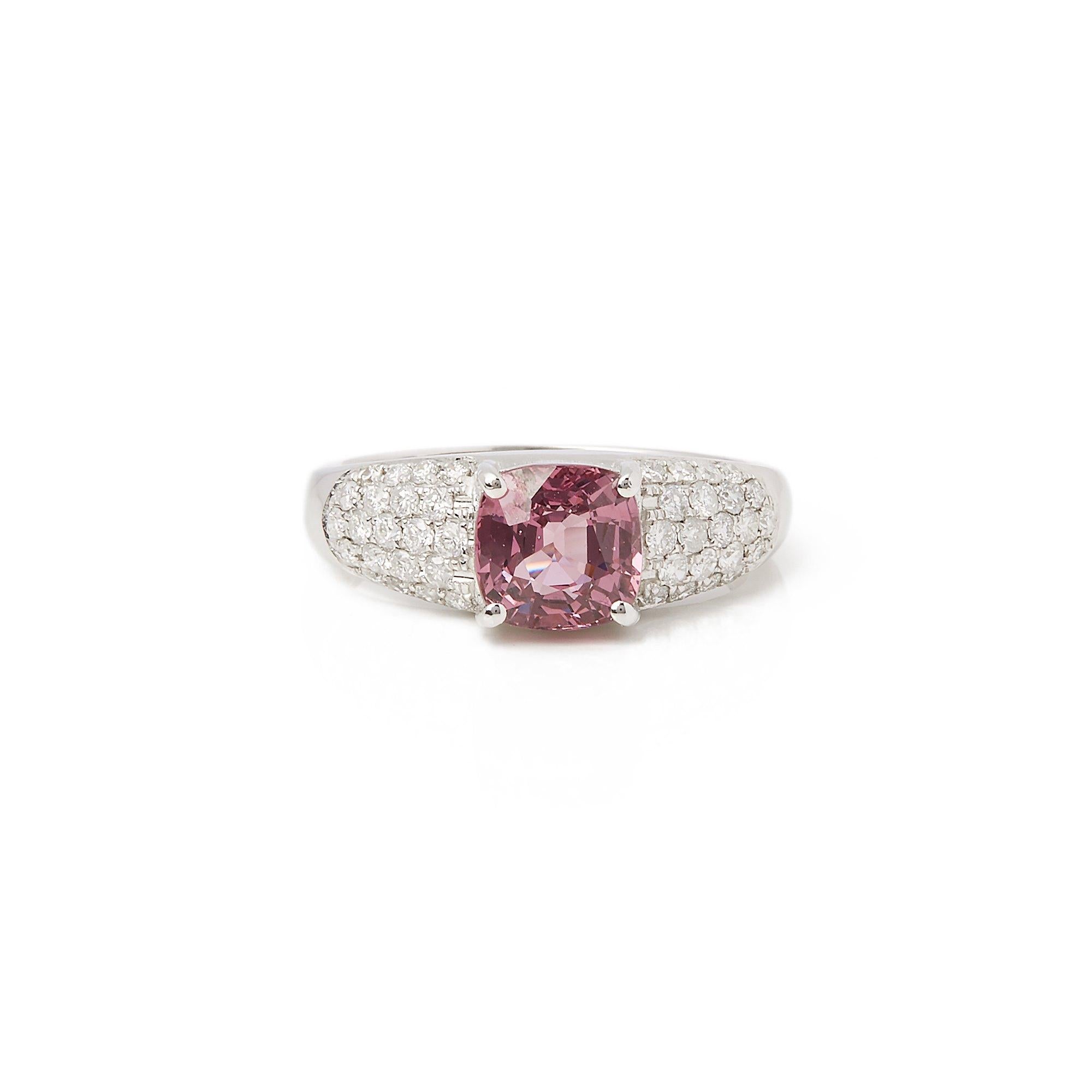 This ring designed by David Jerome is from his private collection and features one cushion cut untreated spinel sourced in Tanzania. Totalling 2.03cts set with round brilliant cut Diamonds totalling 0.51cts. Mounted in an 18k white gold setting.