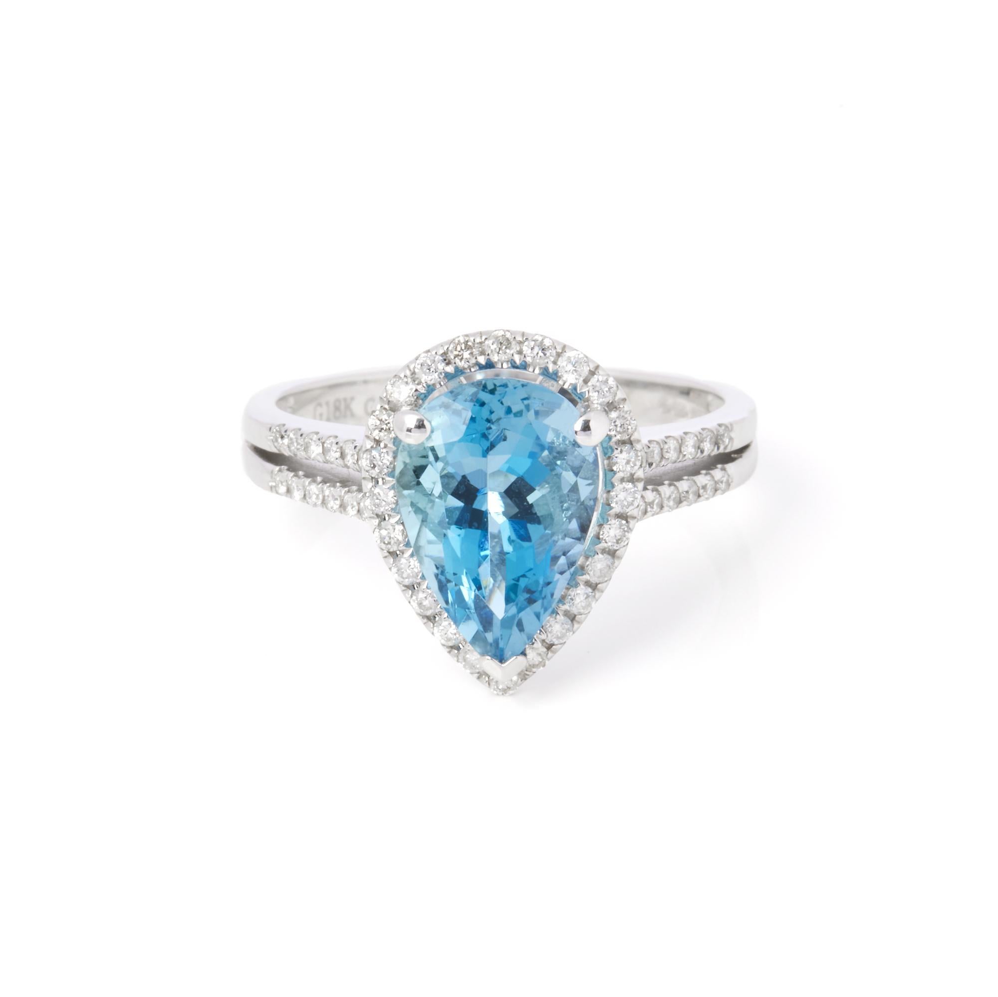 This ring is from the private collection of gemstone jewellery individually designed by David Jerome. It features a pear cut aquamarine set with diamonds. Accompanied by an IGR gem certificate. UK ring size N. EU ring size 54. US ring size 7. 