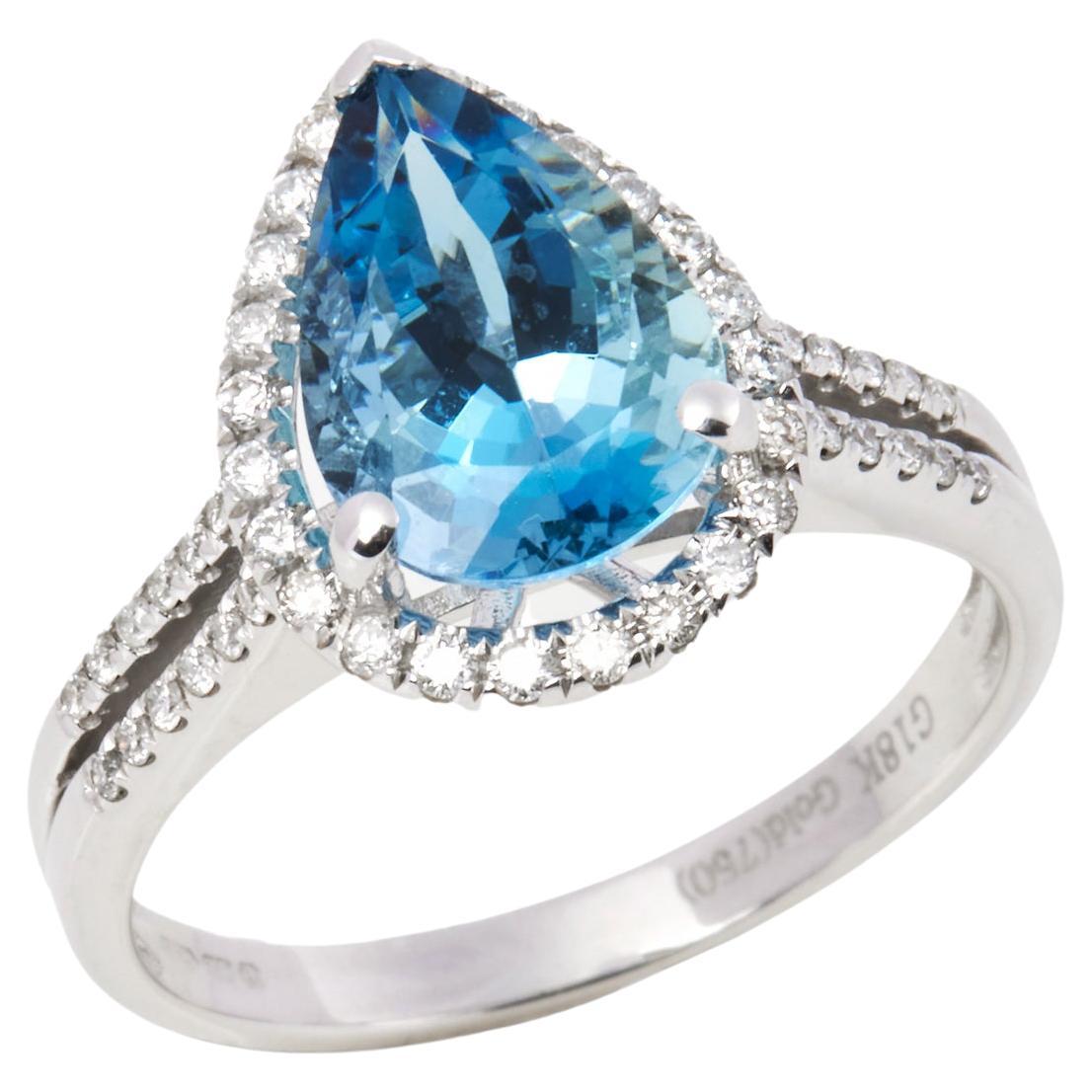 David Jerome Certified 2.52ct Pear Cut Aquamarine and Diamond Ring