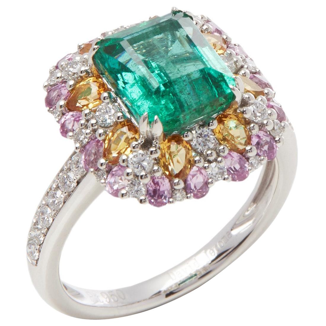 Platinum Emerald, Diamond and Mixed Sapphire Cluster Ring