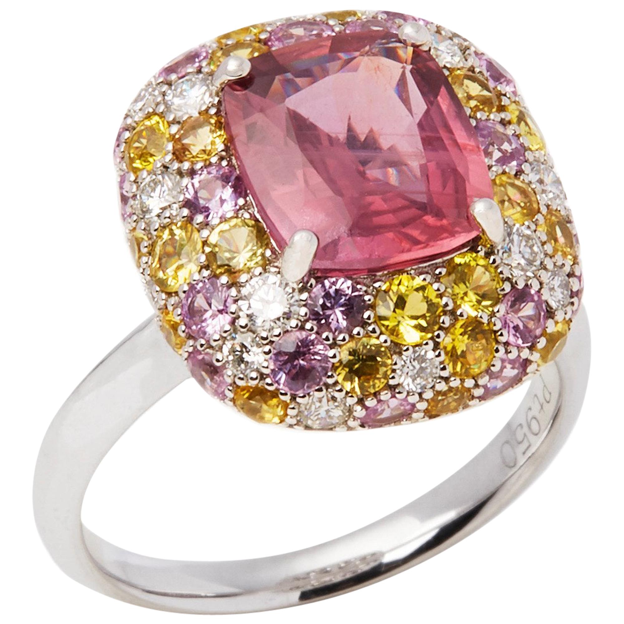 Platinum Padpardacha Sapphire, Diamond, Pink and Yellow Sapphire Cluster Ring For Sale