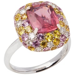 Vintage Platinum Padpardacha Sapphire, Diamond, Pink and Yellow Sapphire Cluster Ring