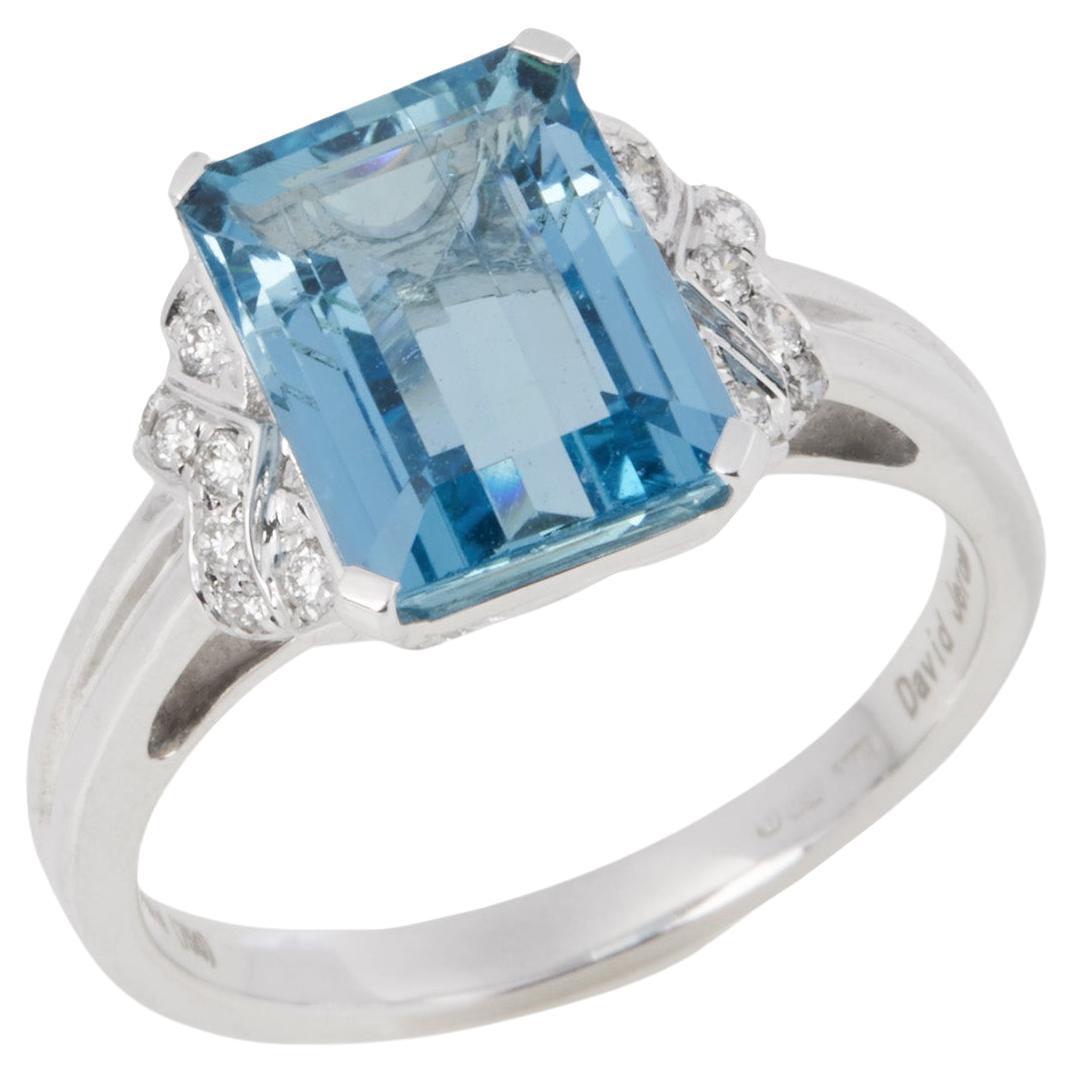 David Jerome Certified 3.22ct Emerald Cut Aquamarine and Diamond Ring For Sale