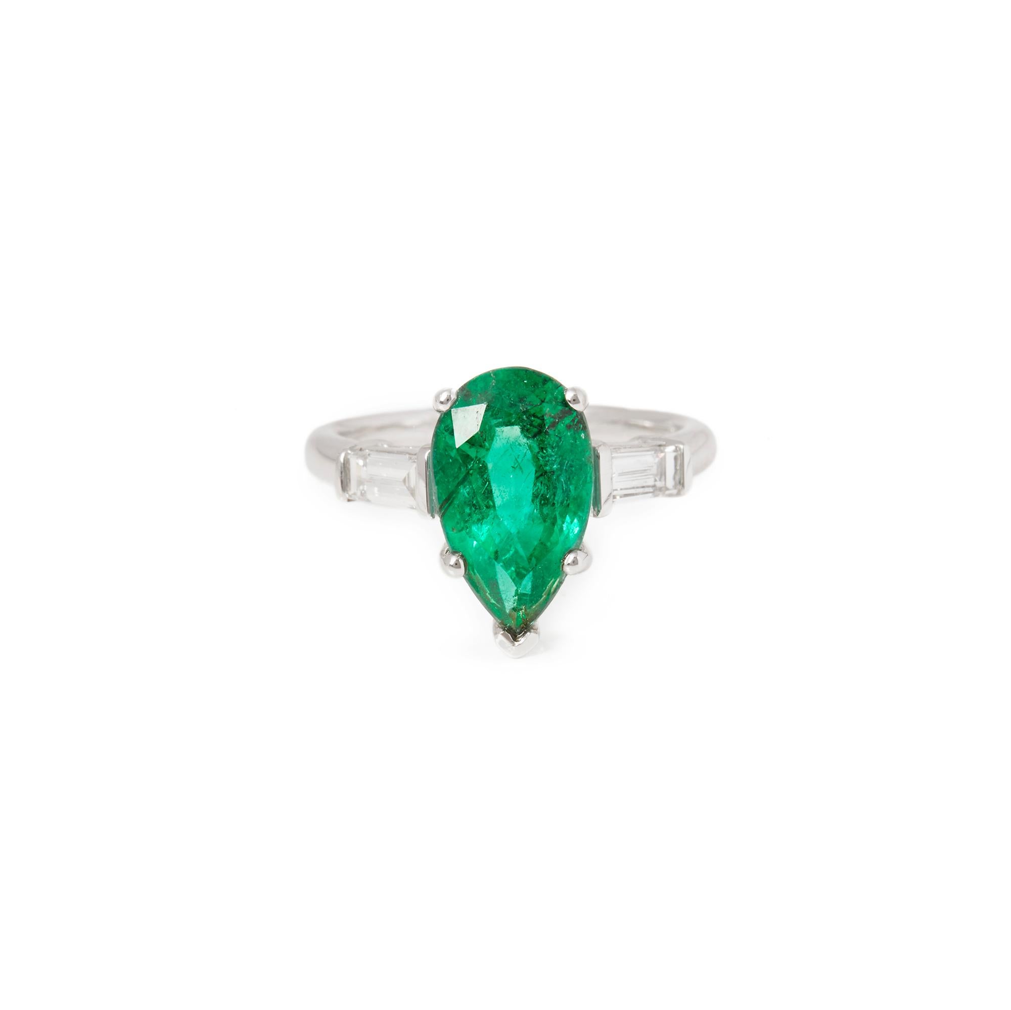 This ring is from the private collection of gemstone jewellery individually designed by David Jerome. It features a pear cut emerald set with diamonds. Accompanied by an IGR gem certificate. UK ring size M. EU ring size 53. US ring size 6 1/4. 