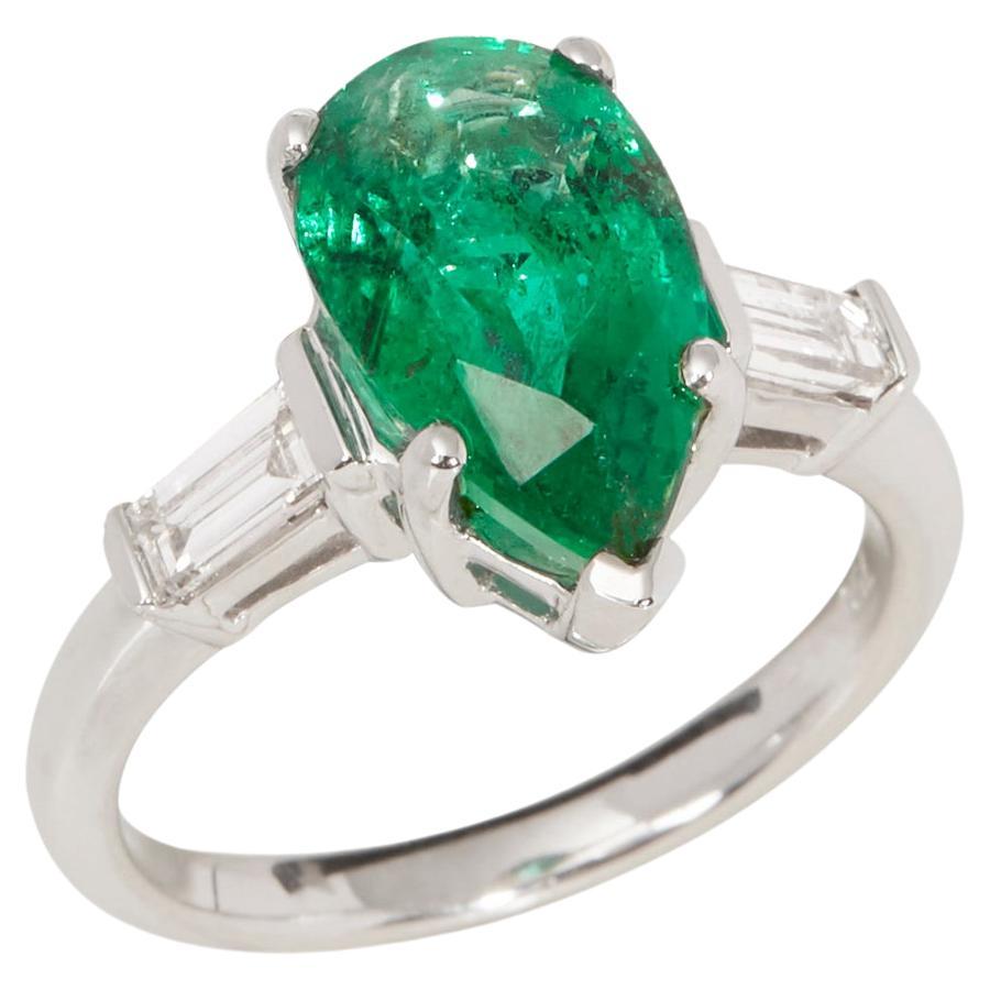 David Jerome Certified 3.45ct Pear Cut Emerald and Diamond Ring For Sale