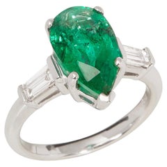 David Jerome Certified 3.45ct Pear Cut Emerald and Diamond Ring