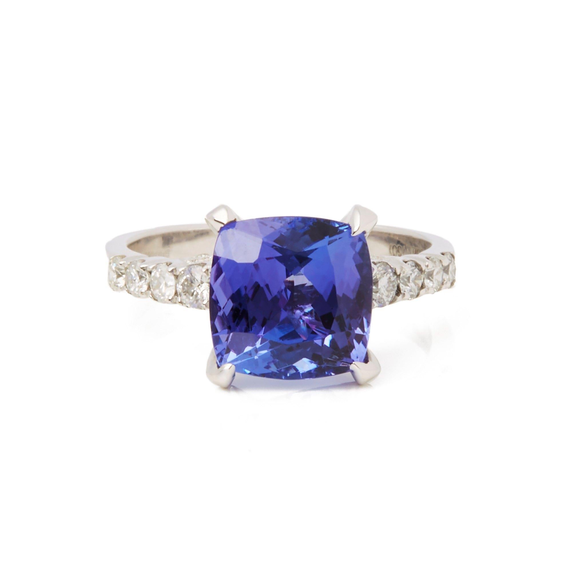This ring designed by David Jerome is from his private collection and features one cushion cut Tanzanite sourced in the D block mine in Tanzania. Totalling 4.28cts set with round brilliant cut Diamonds totalling 0.57cts. Mounted in an 18k white gold