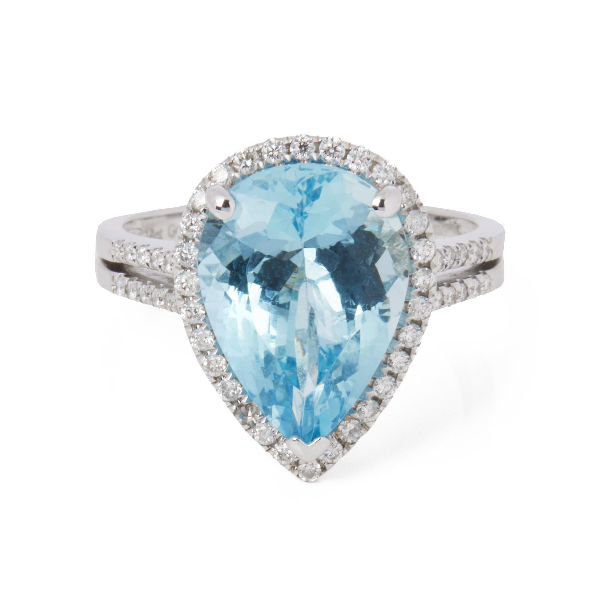 This ring is from the private collection of gemstone jewellery individually designed by David Jerome. It features a pear cut aquamarine set with diamonds. Accompanied by an IGR gem certificate. UK ring size N. EU ring size 54. US ring size 7. 