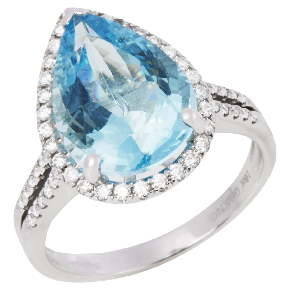 David Jerome Certified 4.77ct Pear Cut Aquamarine and Diamond Ring For Sale
