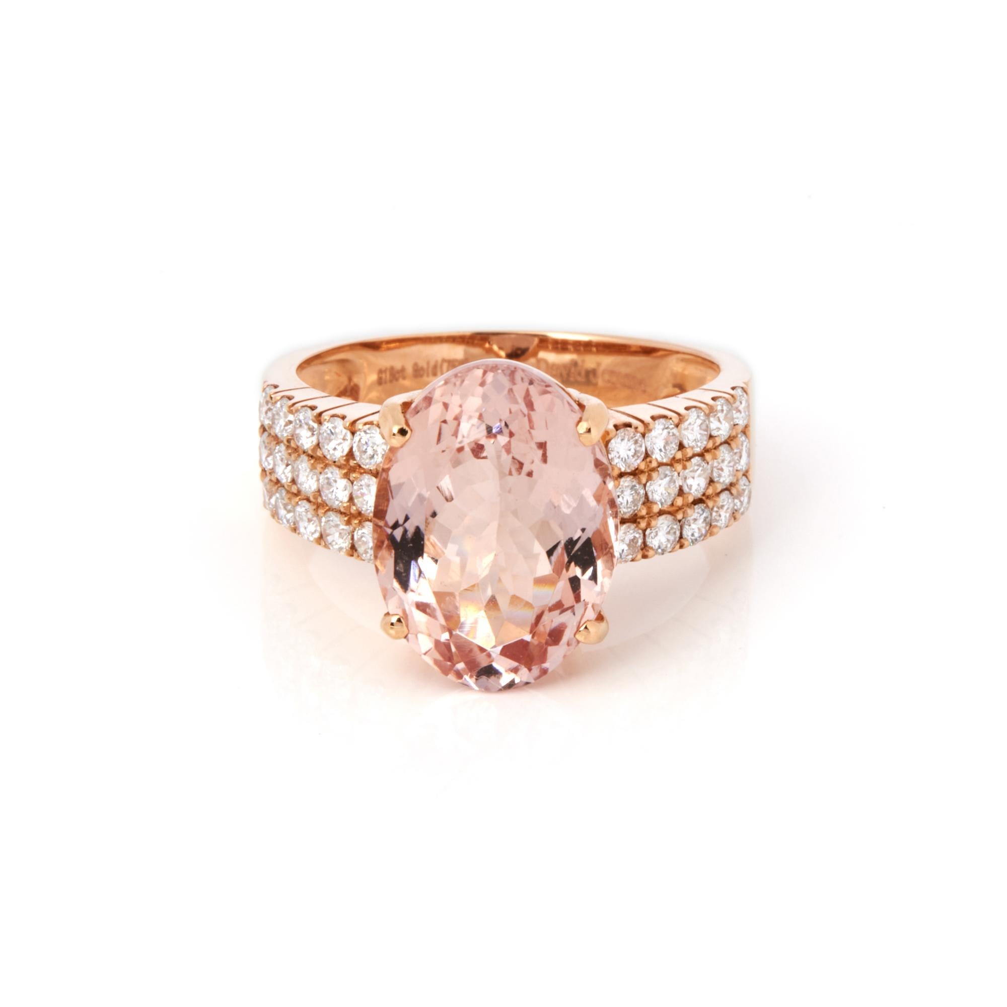 This ring is from the private collection of gemstone jewellery individually designed by David Jerome. It features an oval cut morganite set with diamonds. Accompanied by an IGITL gem certificate. UK ring size N. EU ring size 54. US ring size 7. 