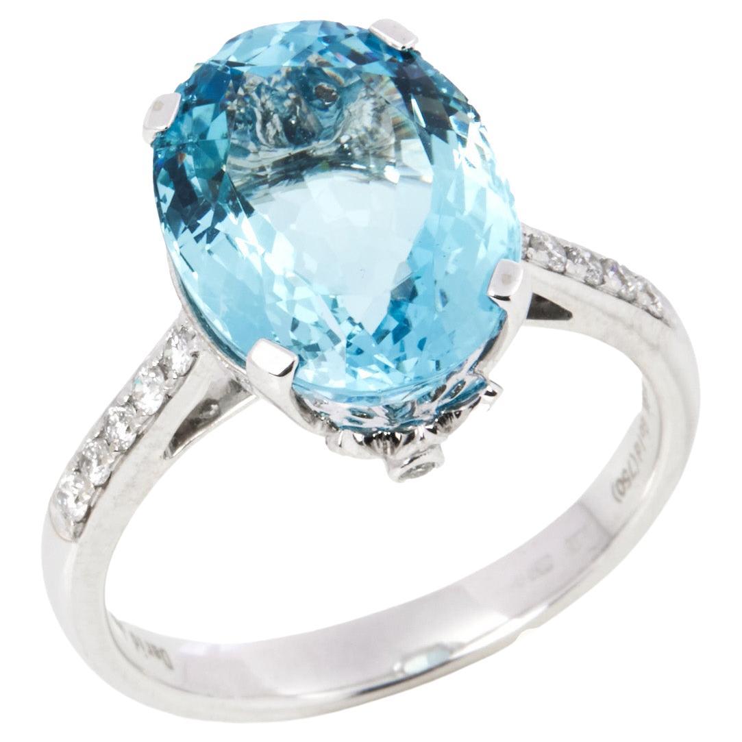 David Jerome Certified 5.62ct Oval Cut Aquamarine and Diamond Ring For Sale