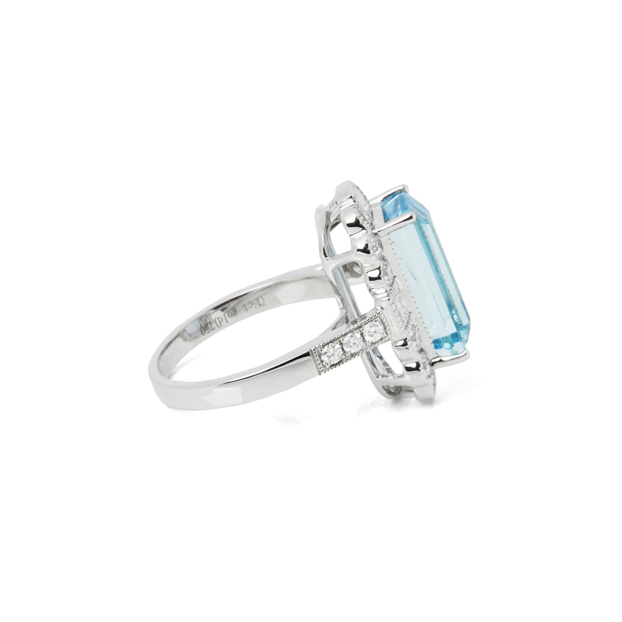 This ring is from the private collection of gemstone jewellery individually designed by David Jerome. It features an emerald cut aquamarine set with diamonds. Accompanied by an IGITL gem certificate. UK ring size N. EU ring size 54. US ring size 7. 