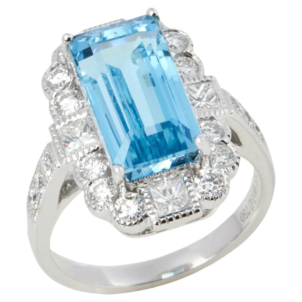 David Jerome Certified 5.67ct Emerald Cut Aquamarine and Diamond Ring For Sale
