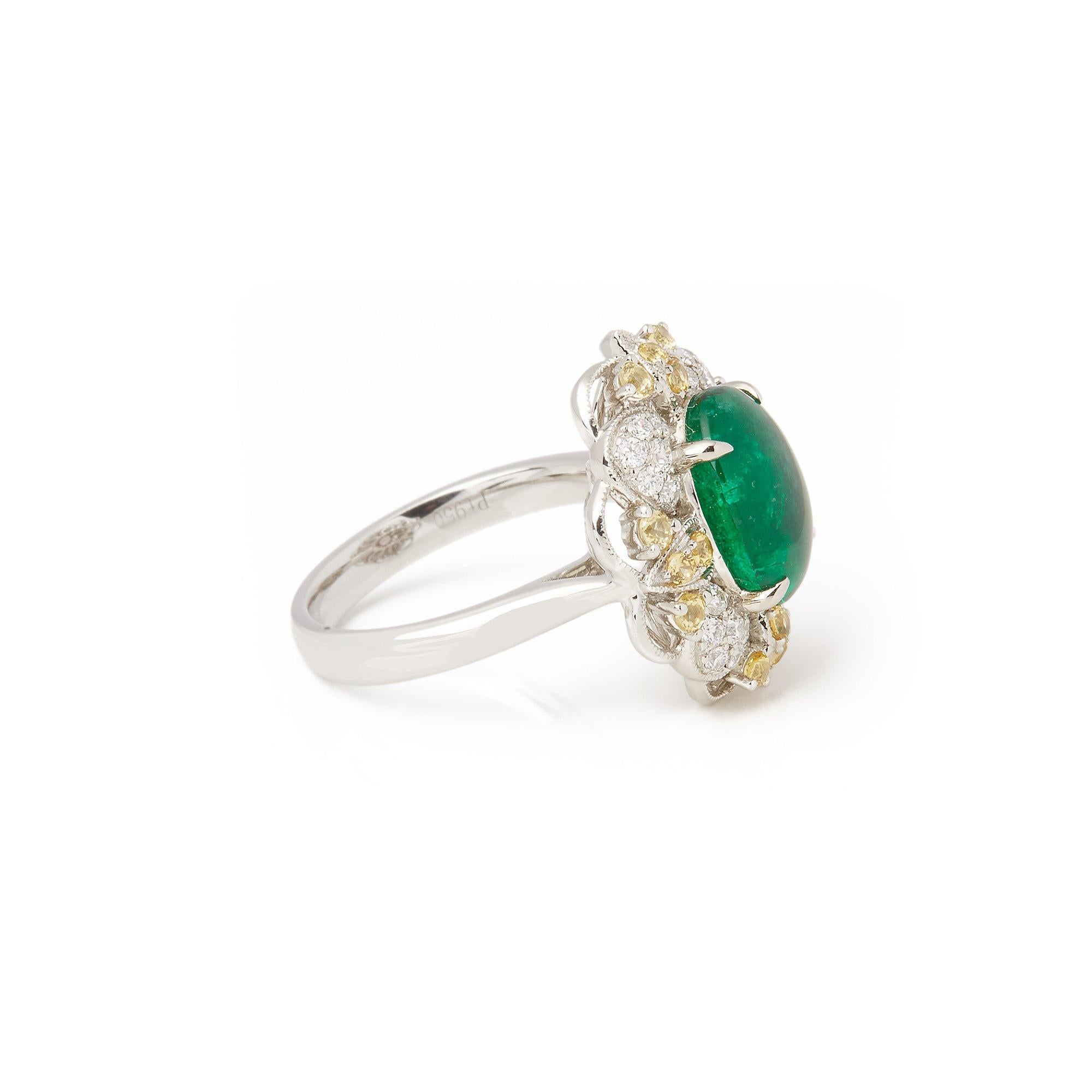 Contemporary Platinum Emerald, Diamond and yellow Sapphire Cluster Ring For Sale