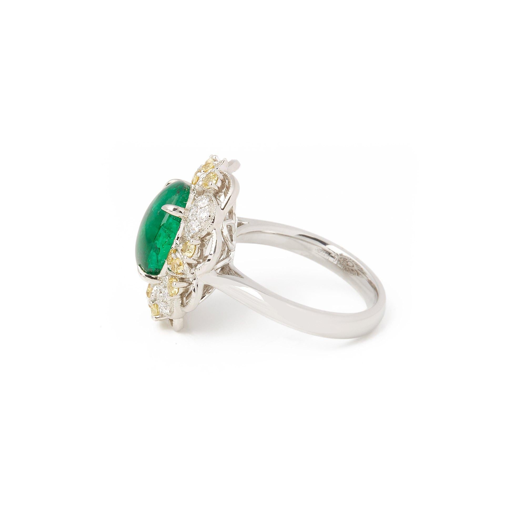 Cabochon Platinum Emerald, Diamond and yellow Sapphire Cluster Ring For Sale