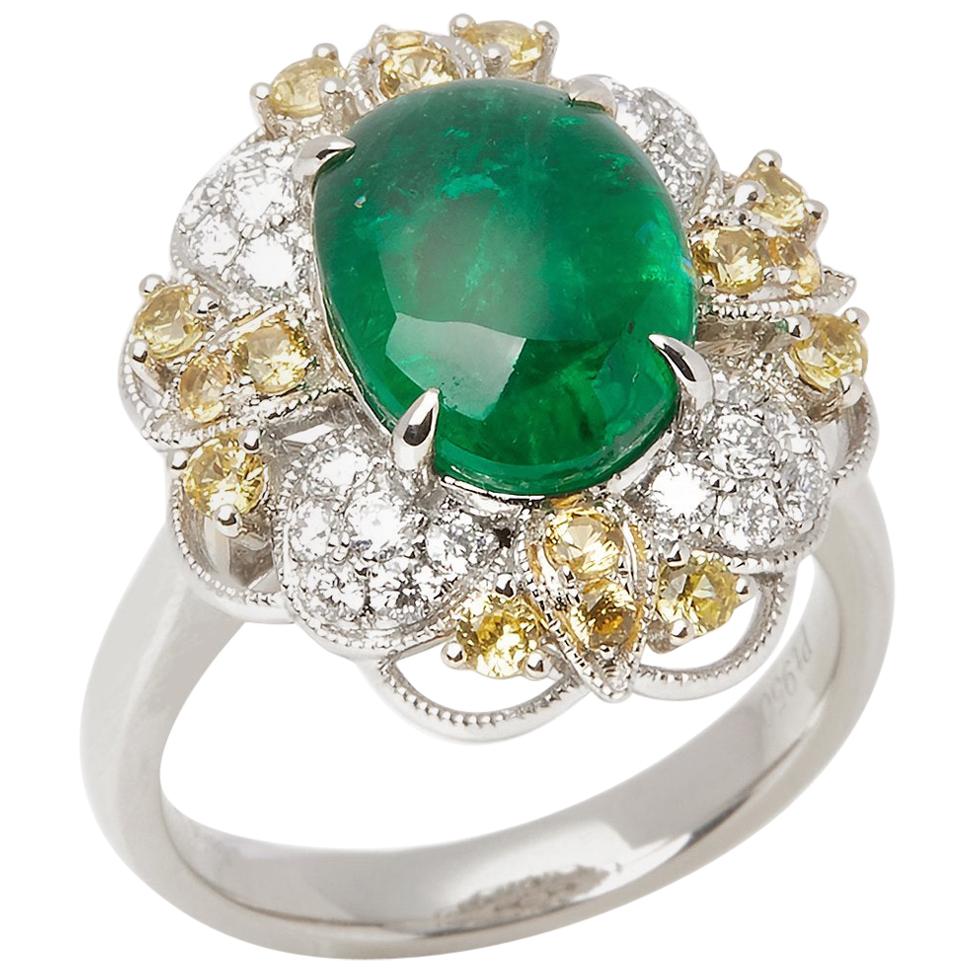 Platinum Emerald, Diamond and yellow Sapphire Cluster Ring For Sale