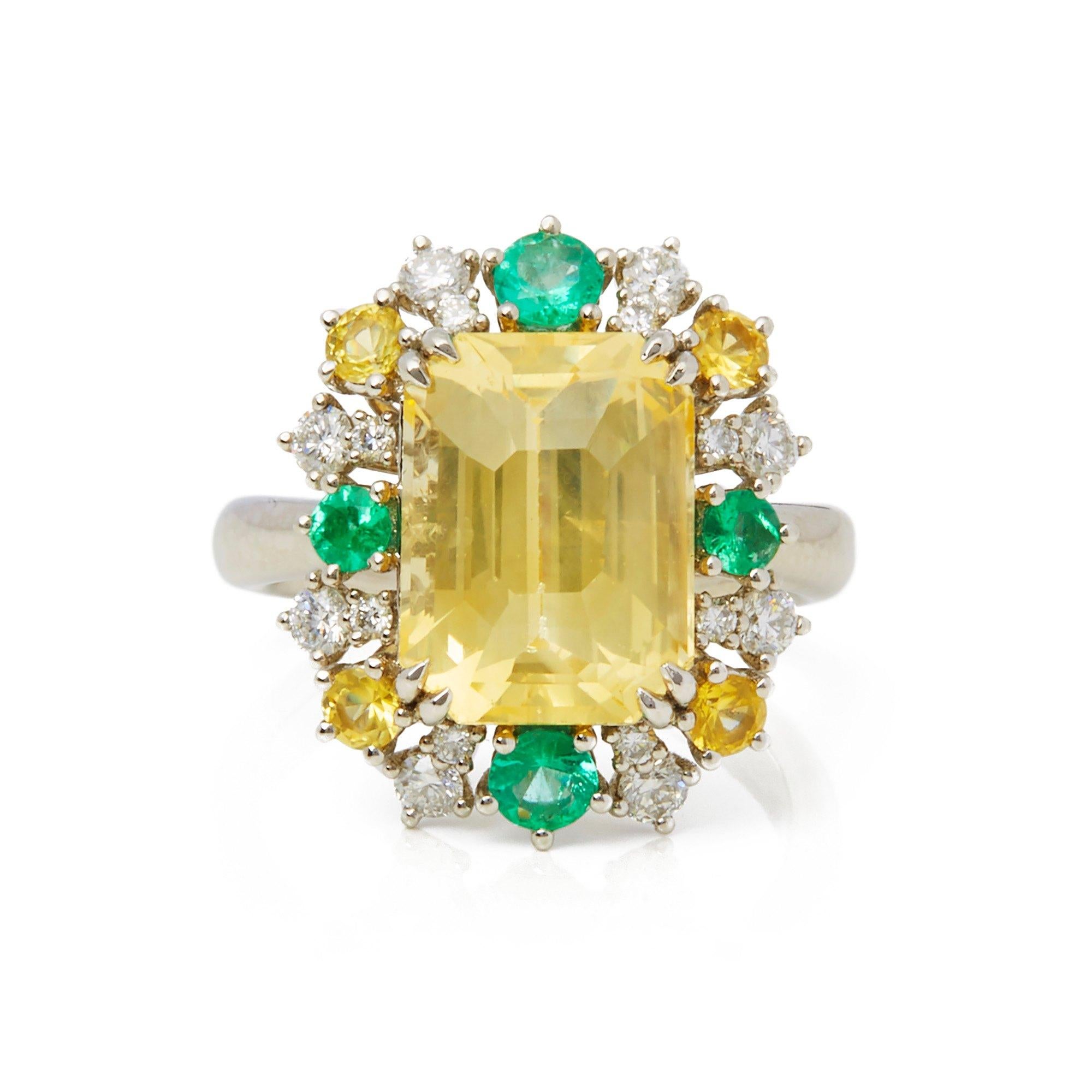This ring designed by David Jerome is from his private collection and features one untreated Emerald cut yellow Sapphire sourced in Sri Lanka. Totalling 8.08cts Set with round brilliant cut Diamonds totalling 0.53cts. Mounted in platinum. Finger