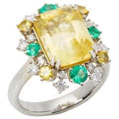 Platinum Yellow Sapphire, Diamond, Yellow Sapphire and Emerald Cluster Ring