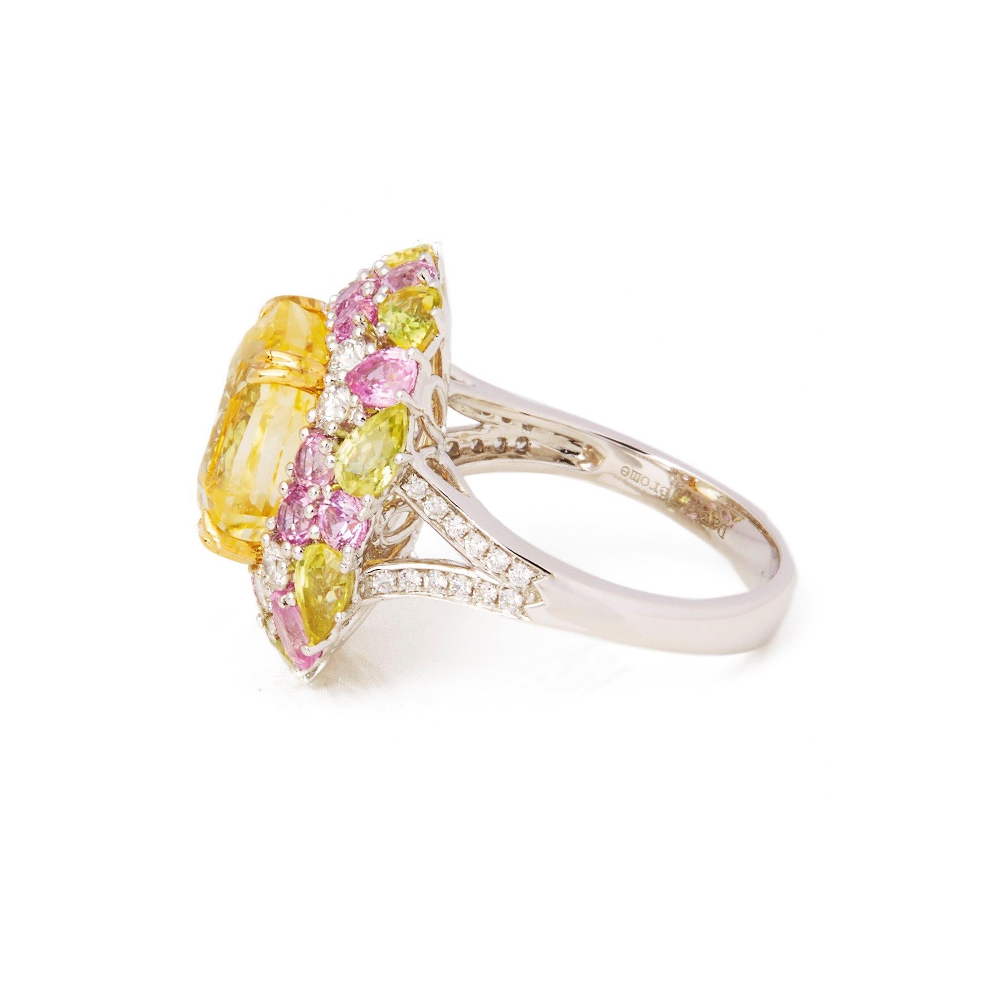 18 Karat Weißgold Cluster-Ring mit gelbem Saphir, Diamant, rosa und grünem Saphir (Achteckschliff) im Angebot