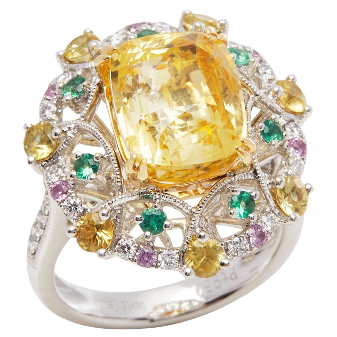 Platinum Yellow Sapphire, Diamond and Mixed Sapphire Cluster Ring For Sale