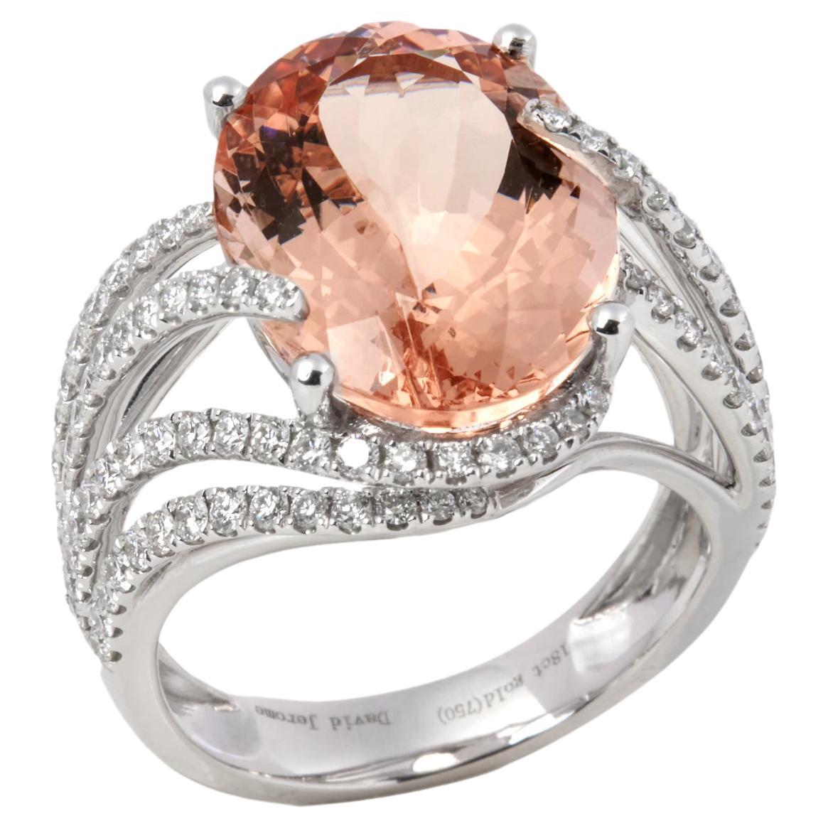 David Jerome Certified 9.12ct Oval Cut Morganite and Diamond Ring For Sale