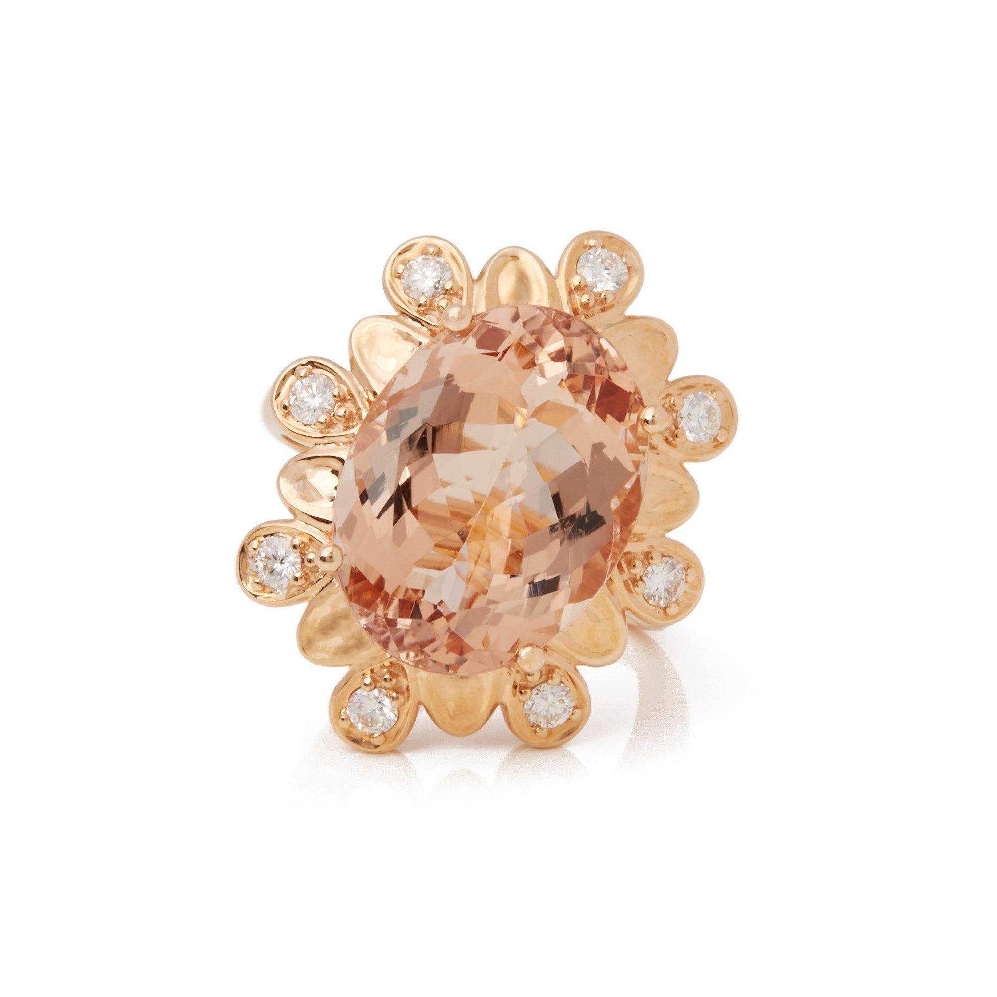 This ring designed by David Jerome is from his private collection and features one oval cut Morganite sourced in Brazil. Totalling 9.28cts set with round brilliant cut Diamonds totalling 0.37cts. Mounted in an 18k rose gold setting. Finger size UK