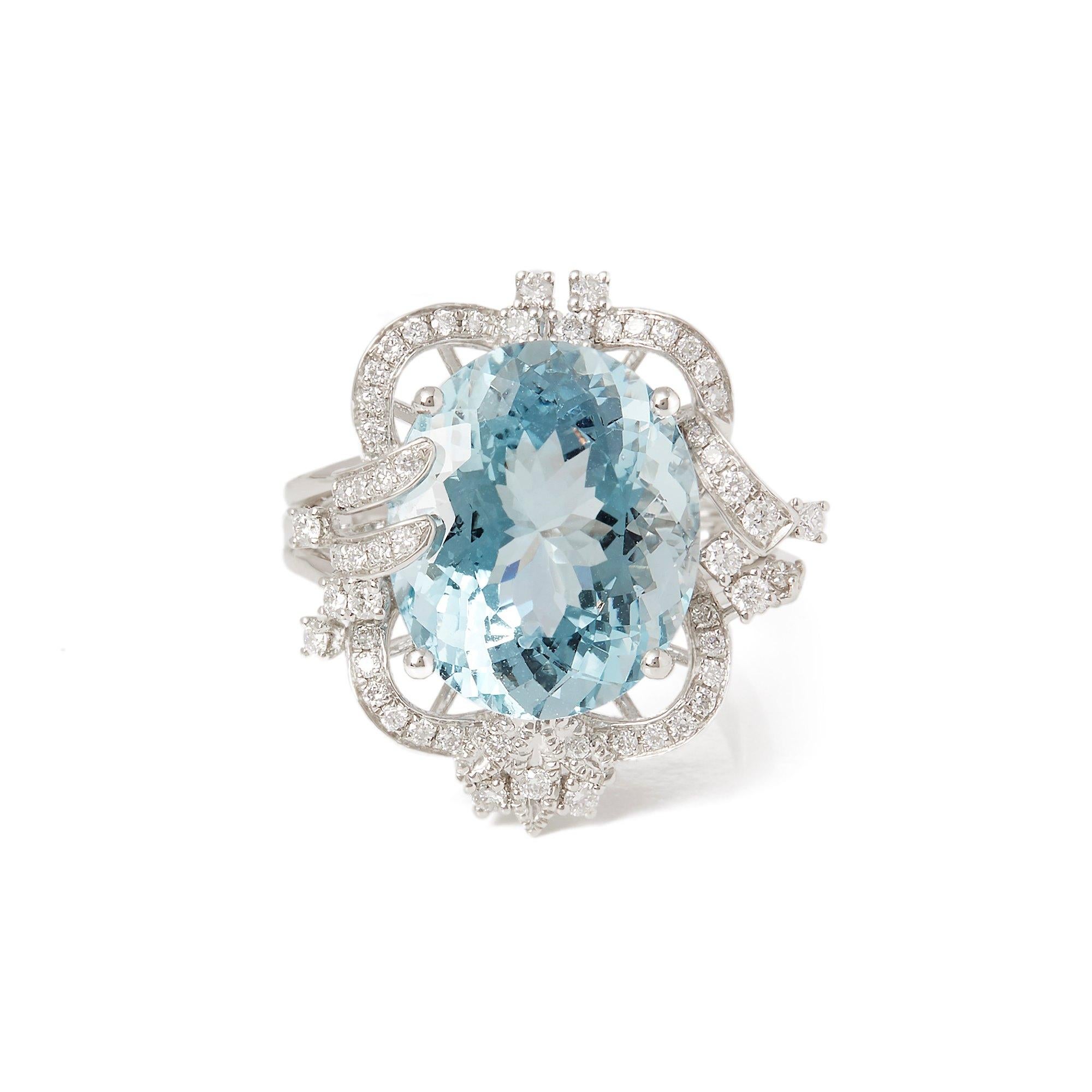 This ring designed by David Jerome is from his private collection and features one oval cut Aquamarine totalling 7.98cts sourced in Brazil. Set with round brilliant cut Diamonds totalling 0.45cts mounted in a platinum setting. Finger size UK N, EU