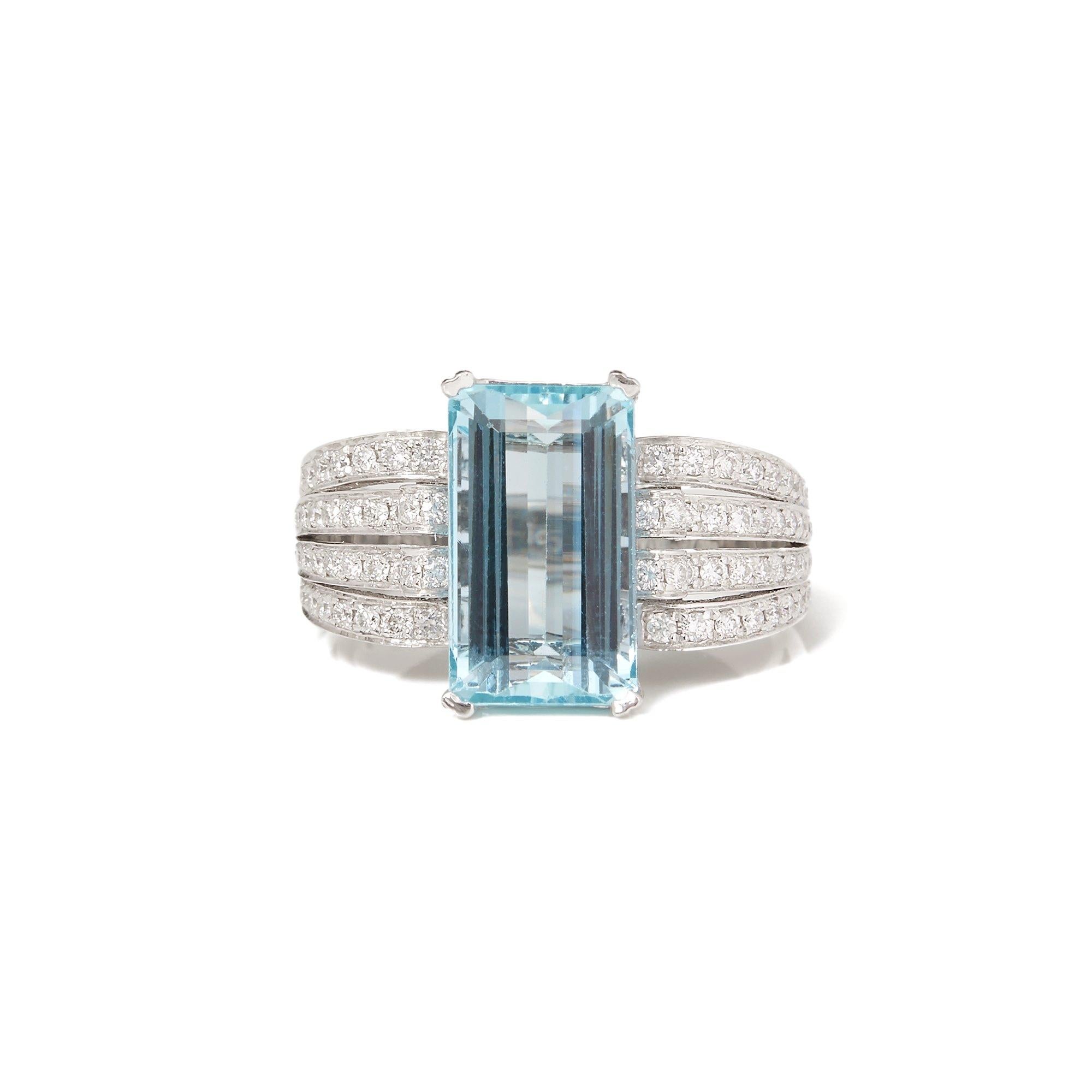 This ring designed by David Jerome is from his private collection and features one Emerald cut Aquamarine totalling 28.31cts sourced in Brazil. Set with round brilliant cut Diamonds totalling 0.36cts mounted in a platinum setting. Finger size UK M