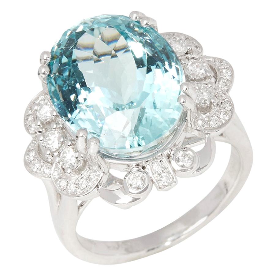 Certified 12.93ct Unheated Brazilian Aquamarine and Diamond Platinum Ring For Sale