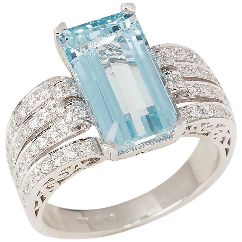 Certified 4.58ct Emerald Cut Brazilian Aquamarine and Diamond Ring