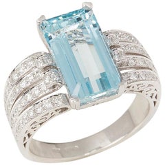 Certified 4.58ct Emerald Cut Brazilian Aquamarine and Diamond Ring