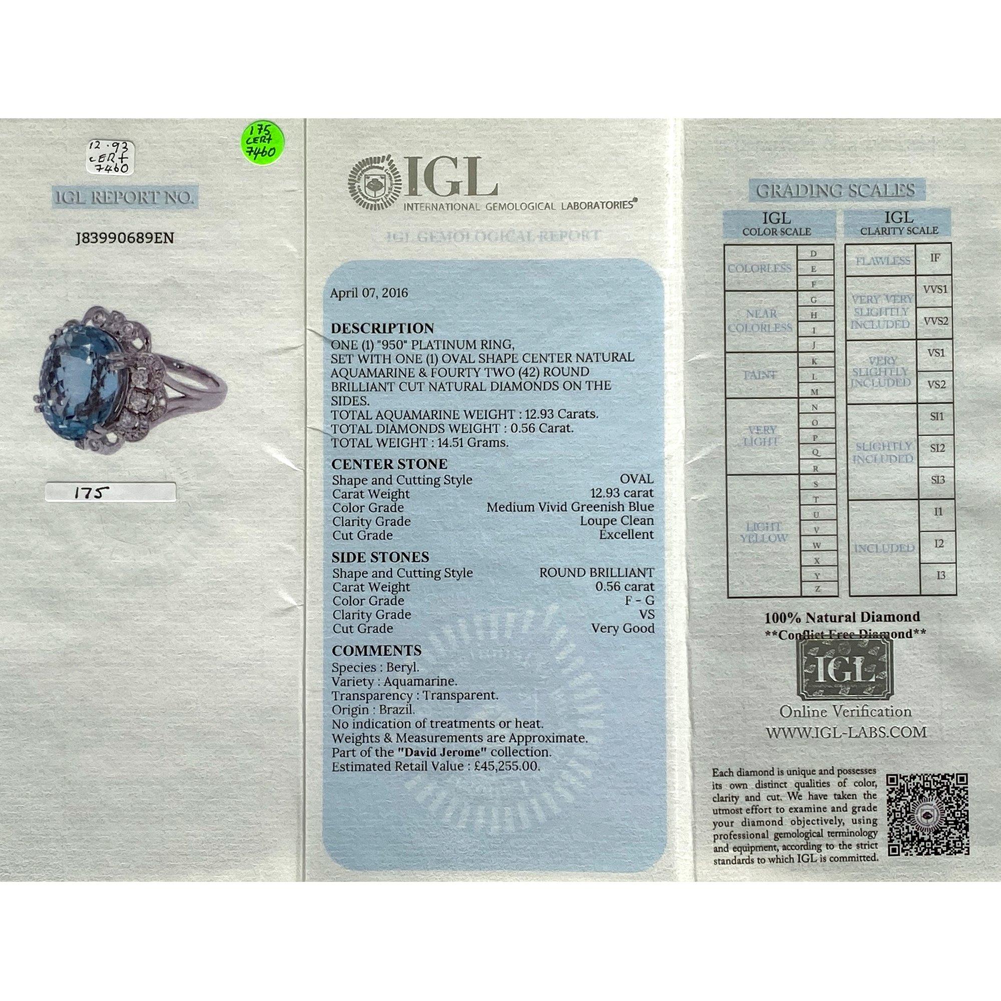 Certified 12.93ct Unheated Brazilian Aquamarine and Diamond Platinum Ring For Sale 1