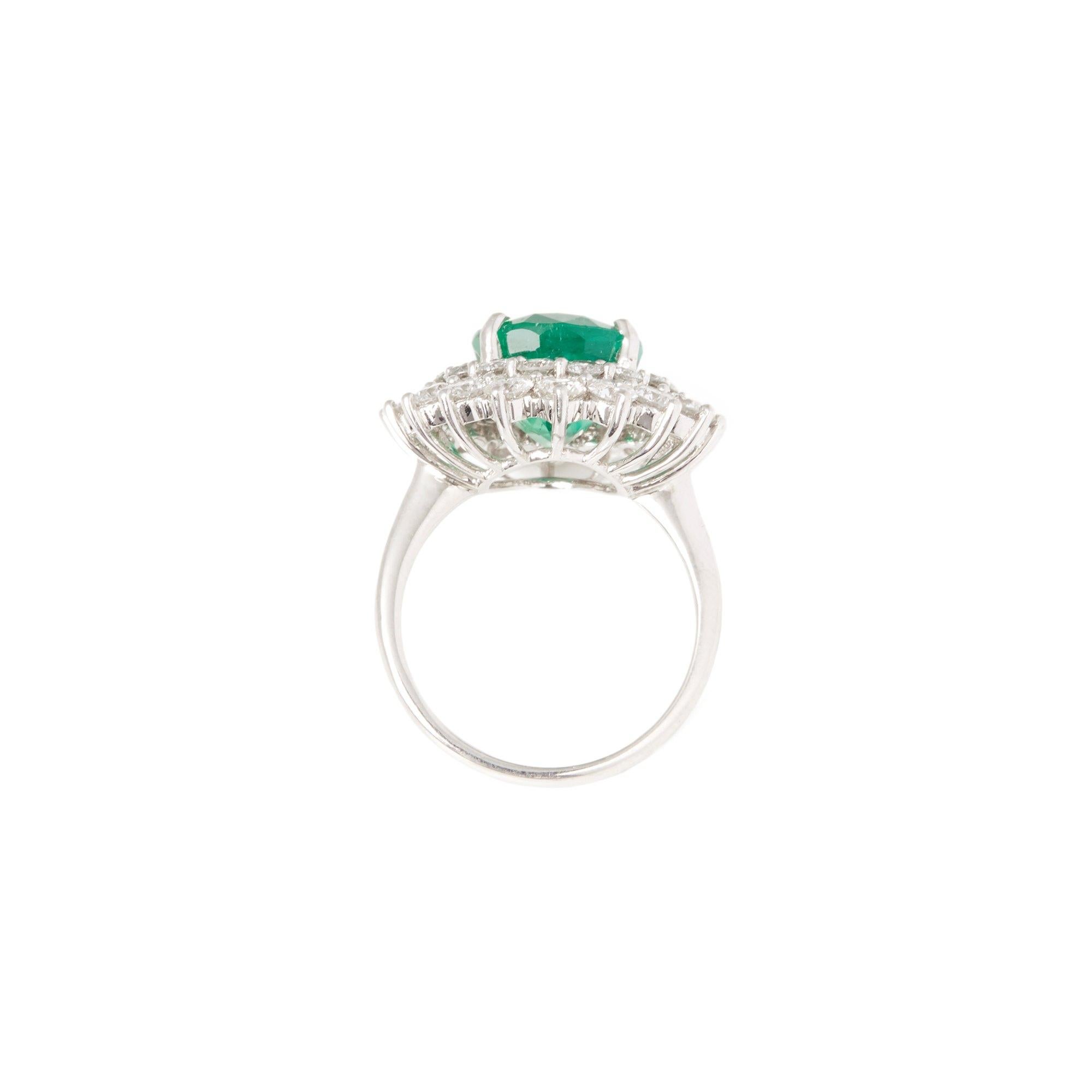 Certified 6.42ct Untreated Oval cut Colombian Emerald and Diamond Platinum Ring In New Condition For Sale In Bishop's Stortford, Hertfordshire