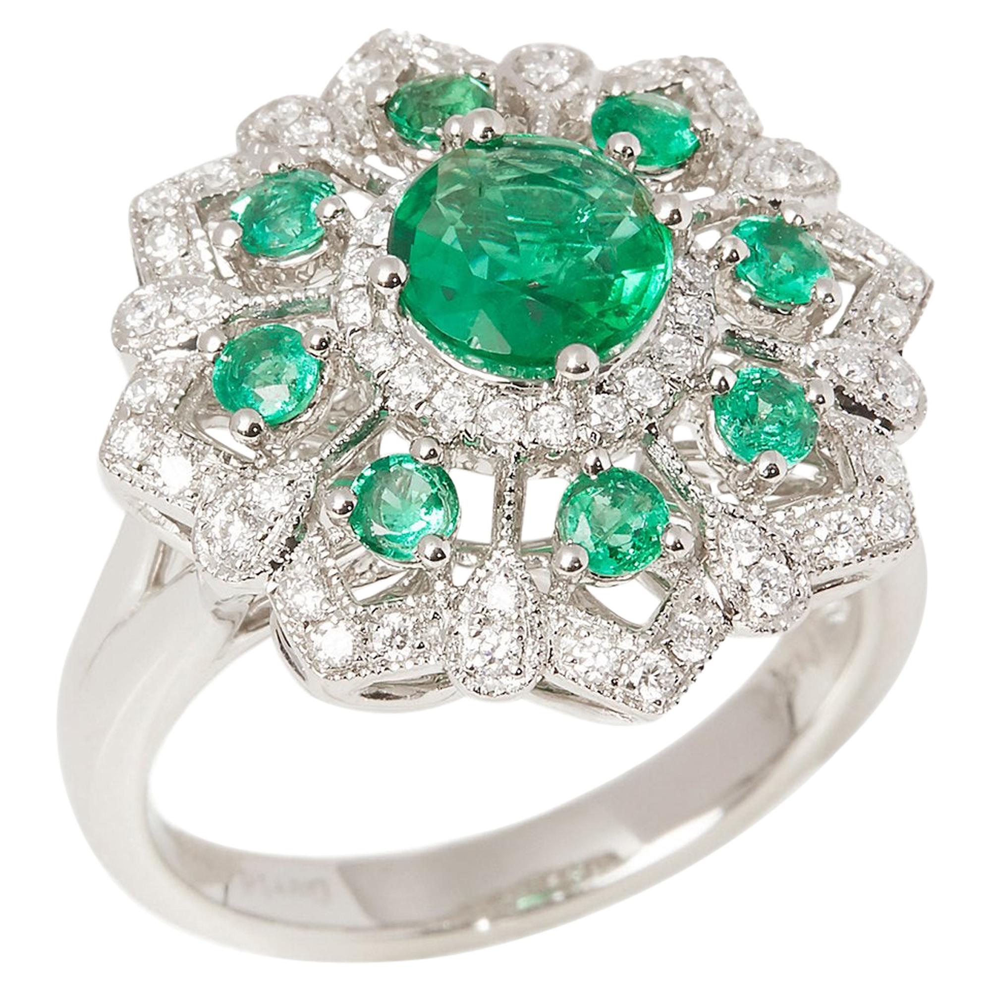 Certified 1.32ct Round Cut Emerald and Diamond Platinum Ring For Sale