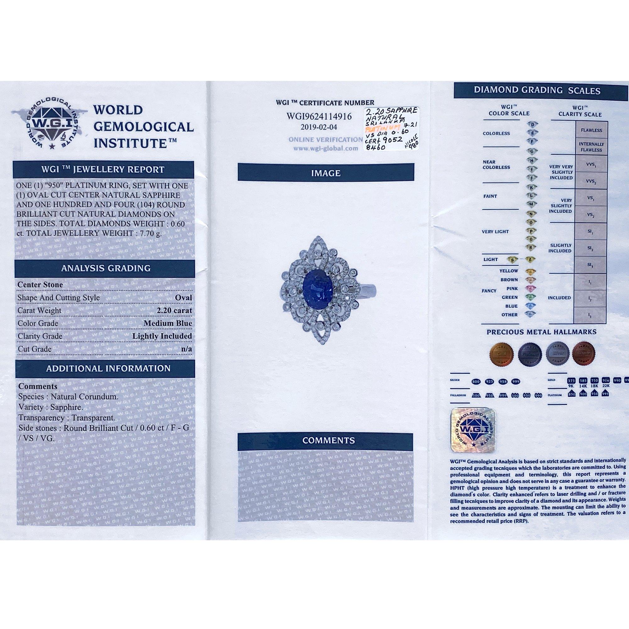 Certified 2.2ct Sapphire and Diamond Platinum Ring In New Condition For Sale In Bishop's Stortford, Hertfordshire