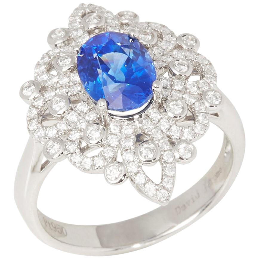 Certified 2.2ct Sapphire and Diamond Platinum Ring For Sale
