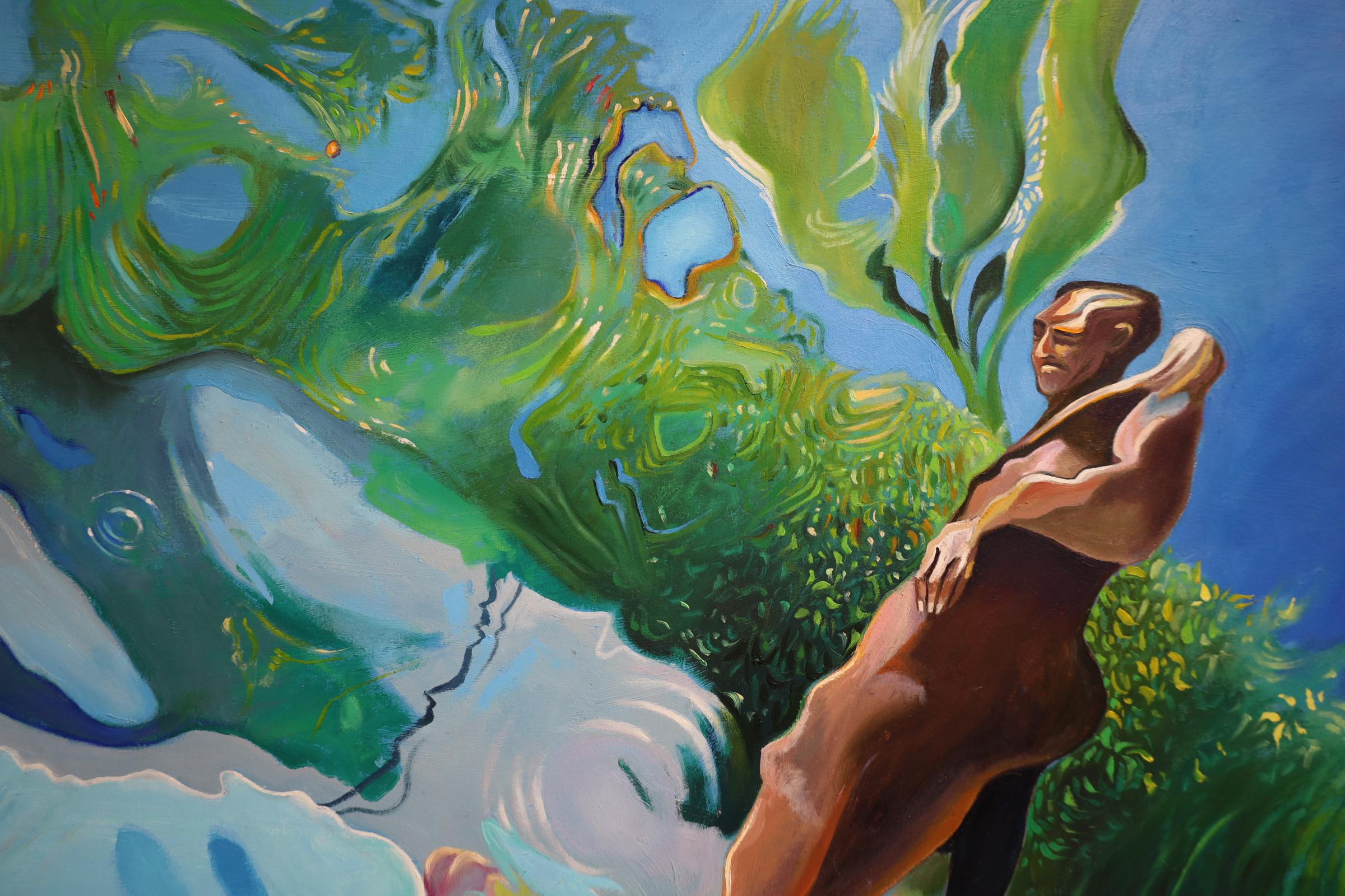 “Daydream” depicts two figures gracefully interacting underwater. Rich blues and greens depict the scene, with filtered light creating enchanting patterns on both figures and surfaces. The floating figure’s relaxed pose suggests contemplation or